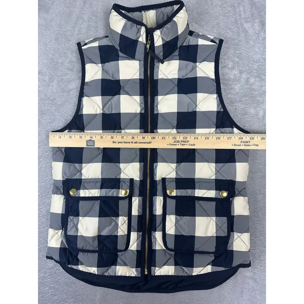 J Crew Excursion Quilted Down Puffer Vest Buffalo Plaid Navy Cream NWOT - S